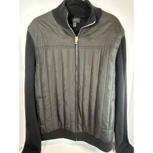 Magaschoni Mens Quilted Jacket Full Zip Sweater Back & Sleeves Black Wool Blend